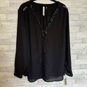 NY Collection Women's Black Flowy Top Sequins & Metal Shoulder Rings -Size‎ 2XL